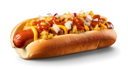 Juicy hot dog on white hot dog with, mustard, ketchup, onions, bacon and bacon, white background, space for copy