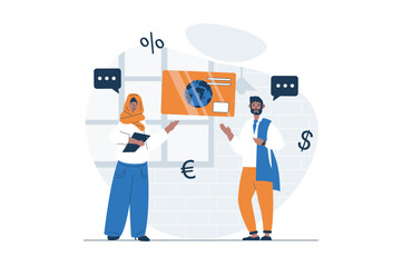 Obraz na płótnie Canvas Payment web concept with character scene. Arabic muslim man and woman using online banking and credit card. People situation in flat design. Vector illustration for social media marketing material.