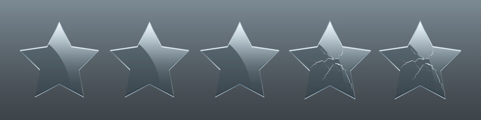 3D glass stars set, glossy broken and intact crystal stars templates with five points