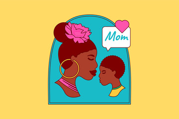 African American mom and young child face profile gently look at each other. Happy Mothers Day. Young African family. Avatar of woman and boy with dark skin. Portrait. Vector banner yellow background