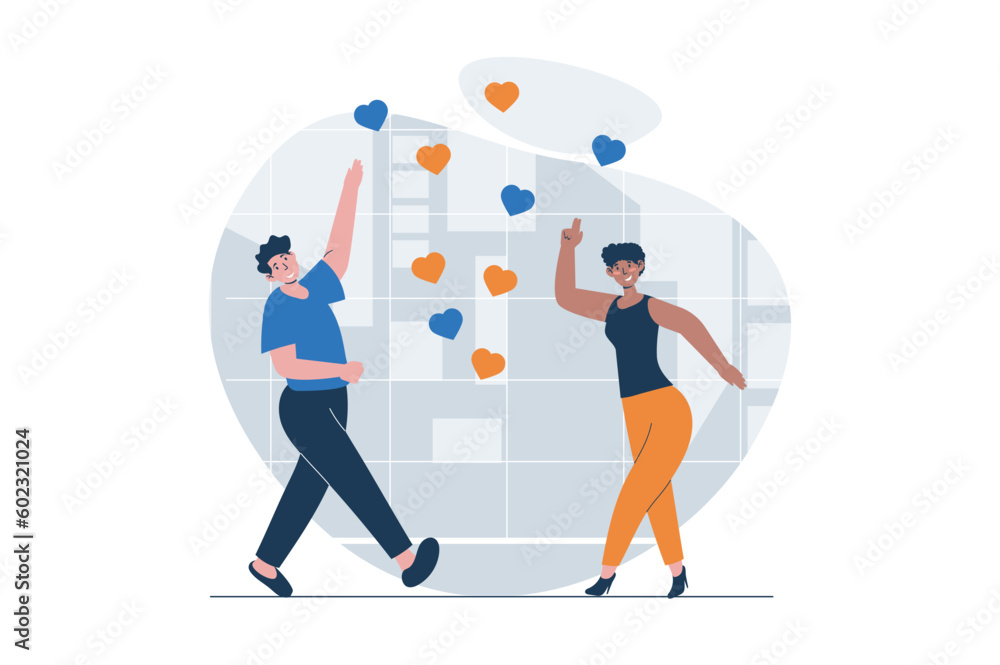 Poster people dancing web concept with character scene. man and woman enjoying dance in discotheques or stu