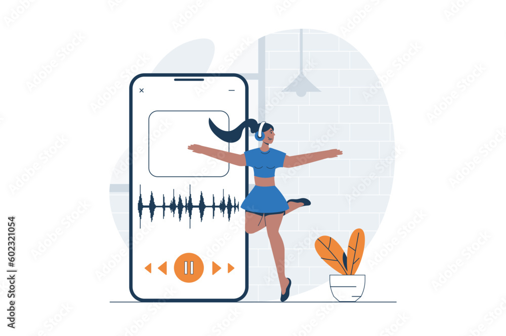 Poster people dancing web concept with character scene. woman enjoying dance in studio and training with mo