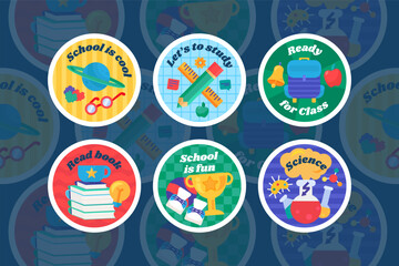 Festive round sticker decal with school subjects. Astronomy, mathematics, physical education, literature and chemistry, September 1 and title inscription. Festive badge emblem. Color vector collection