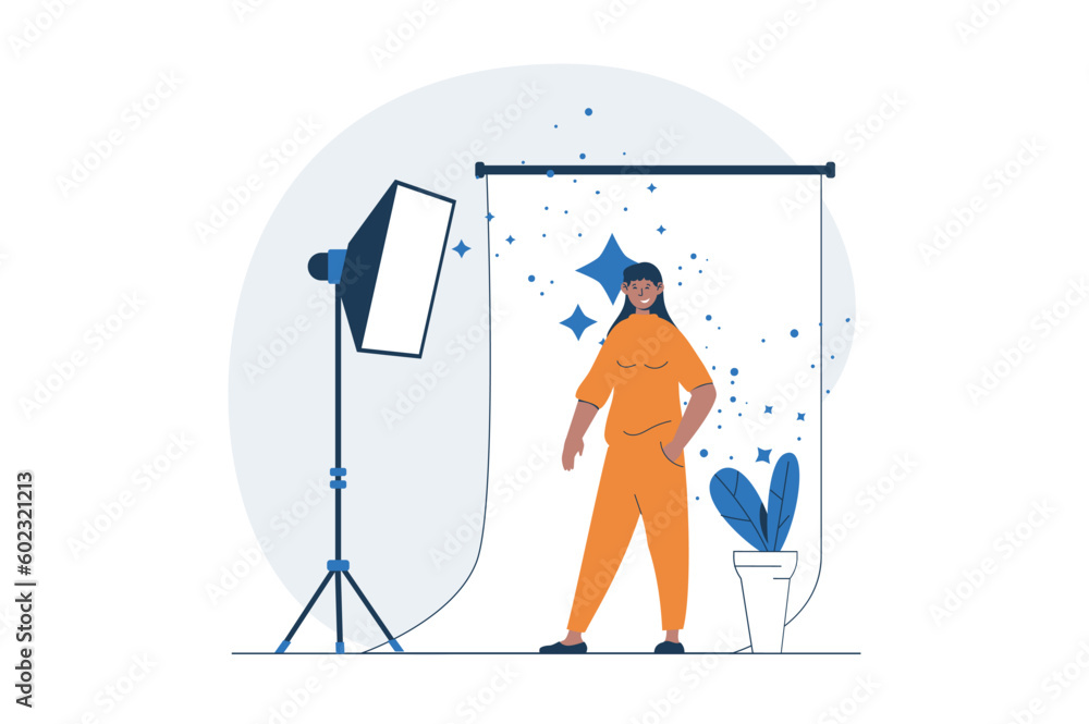 Poster podcast streaming web concept with character scene. woman posing in studio, show making backstage pr