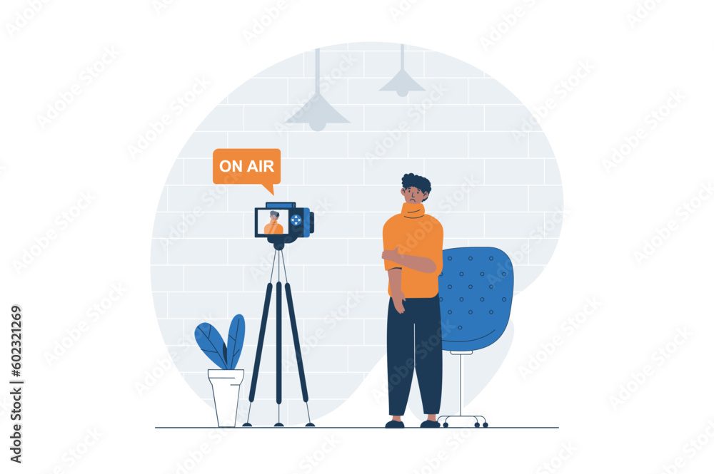 Poster Podcast streaming web concept with character scene. Man standing to camera and trying to recording in studio. People situation in flat design. Vector illustration for social media marketing material.