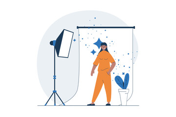 Podcast streaming web concept with character scene. Woman posing in studio, show making backstage process. People situation in flat design. Vector illustration for social media marketing material.