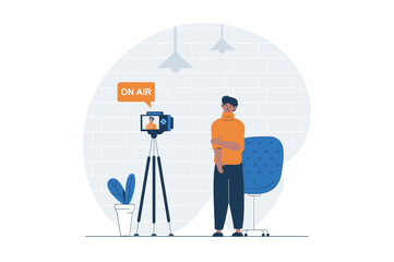 Podcast streaming web concept with character scene. Man standing to camera and trying to recording in studio. People situation in flat design. Vector illustration for social media marketing material.