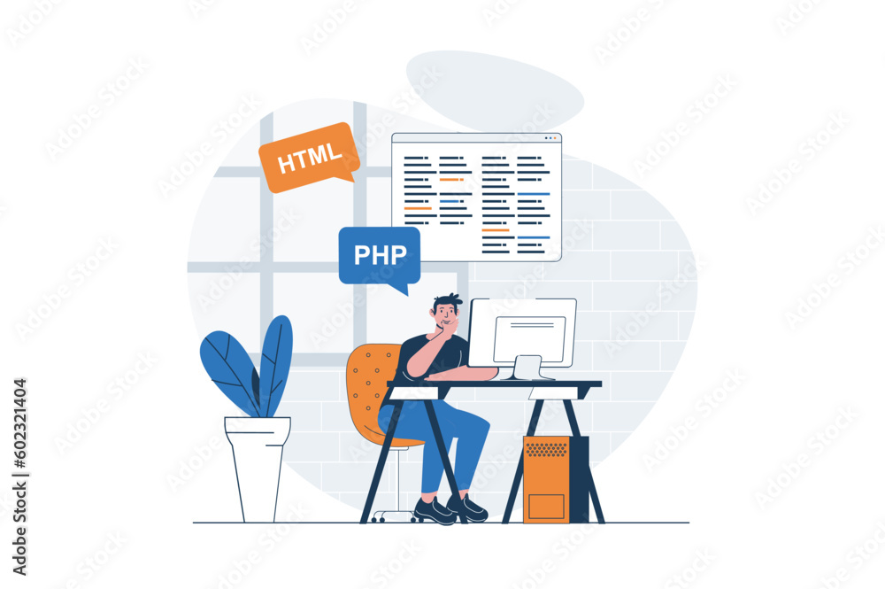 Fototapete Programming web concept with character scene. Man working with php and html languages and making program. People situation in flat design. Vector illustration for social media marketing material.