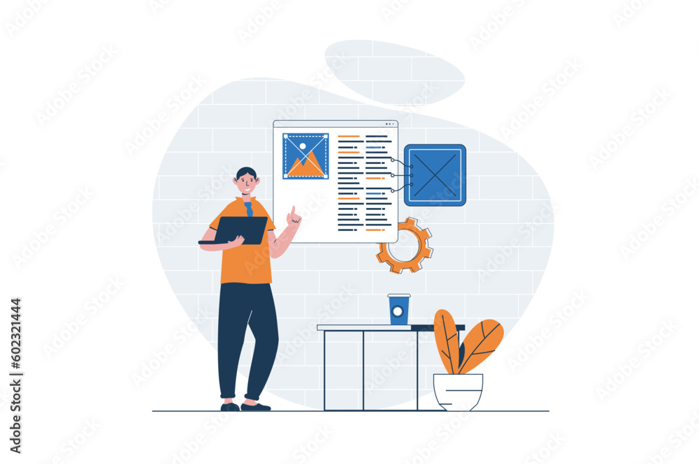 Leinwandbilder Programming web concept with character scene. Man making program and creating webpage layout at platform. People situation in flat design. Vector illustration for social media marketing material.