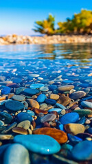 Obraz premium blue transparent pebbles on the beach. AI generative