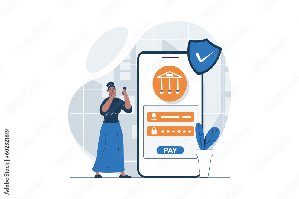Aufkleber Secure payment web concept with character scene. Woman gets access with password to mobile banking for paying. People situation in flat design. Vector illustration for social media marketing material.
