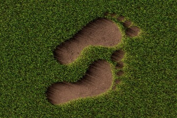 Two brown soil footprint shape symbols cutout from grass background, ecology, environment or carbon footprint concept, flat lay top view from above