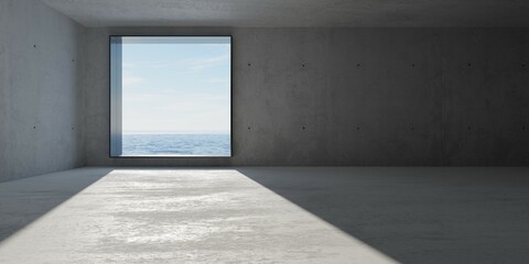Abstract large, empty, modern concrete room with a large window with ocean view and rough floor - industrial interior background template