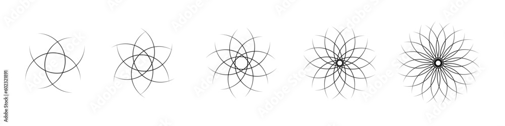 Poster pattern of overlapping arcs and circles, black line icons set vector illustration. abstract rings in
