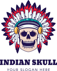 Logo of Indian Chief skull in feathered national headdress of Indian chief. Symbol emblem for design decoration, brand name of music company. Vector in thick stroke isolated on white background