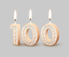 Birthday number one hundred, candle with fire vector illustration. 3D beige number 100 with icing, candlelight for birthday or anniversary cake and happy party, invitation and greeting card design