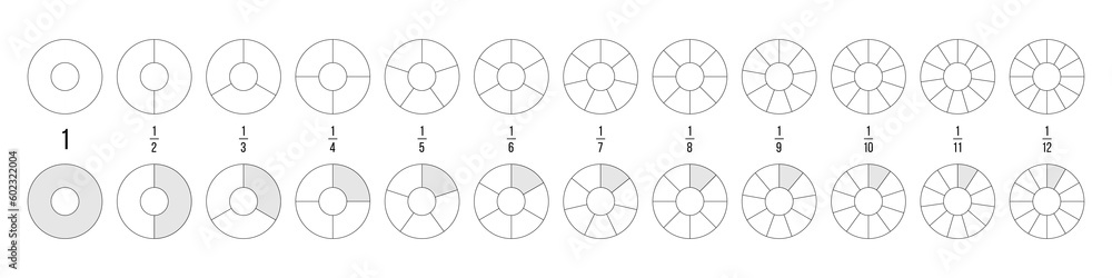 Poster toruses with sections set vector illustration. abstract black line pie charts with divisions, graphi