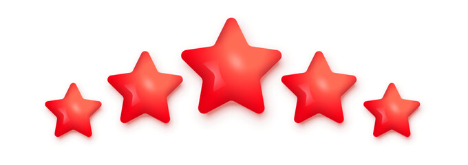 5 red stars for product review vector illustration. 3d five ranking symbols in row for feedback, satisfaction opinion on website service or mobile app isolated on white background
