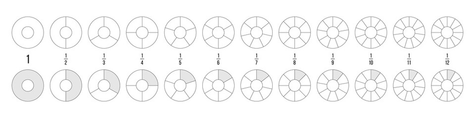 Toruses with sections set vector illustration. Abstract black line pie charts with divisions, graphic diagram collection with round geometric elements divide into parts and slices from 1 to 12