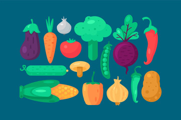 Collection of fresh organic vegetables for soups and salads. Plants food vegans and vegetarians menu ingredients. Herbal ingredients for vegetable dishes. Autumn harvesting. Flat vector icons set