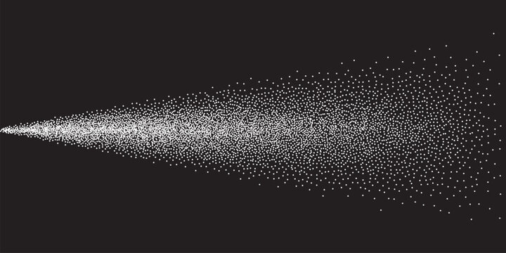 Spray of black dots vector illustration. Abstract dust particles or water droplets explosion from sprayer gun, stream with mist aerosol texture, spread of grainy diffusion of steam, fog or gas in air