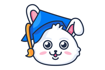 Emblem of cute smart rabbit with graduate cap. Symbol emblem for design decoration, brand name of children private school or kindergarten. Vector in thick stroke isolated on white background