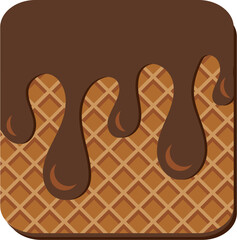 Sweet crispy wafer filled with thick dark chocolate. Milk chocolate drops on surface of square waffle. Appetizing dessert for morning tea. Simple colored flat vector icon isolated on white background
