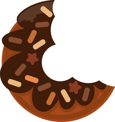 Bitten glazed chocolate donut with dark choco filling and caramel topping. Sweet high calorie food for morning breakfast. Simple colored flat vector icon isolated on white background