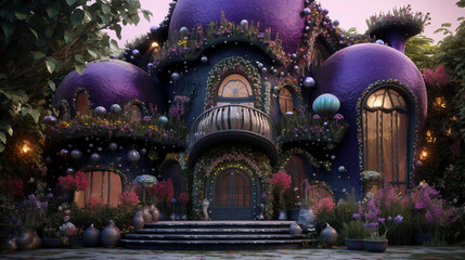 Fototapeta premium Black house royal exterior, oval villa, maximalism, flowers, devine, aestetic, purple light, hypermaximalist, swarovsky crystals, detailed, exquisite. AI generative