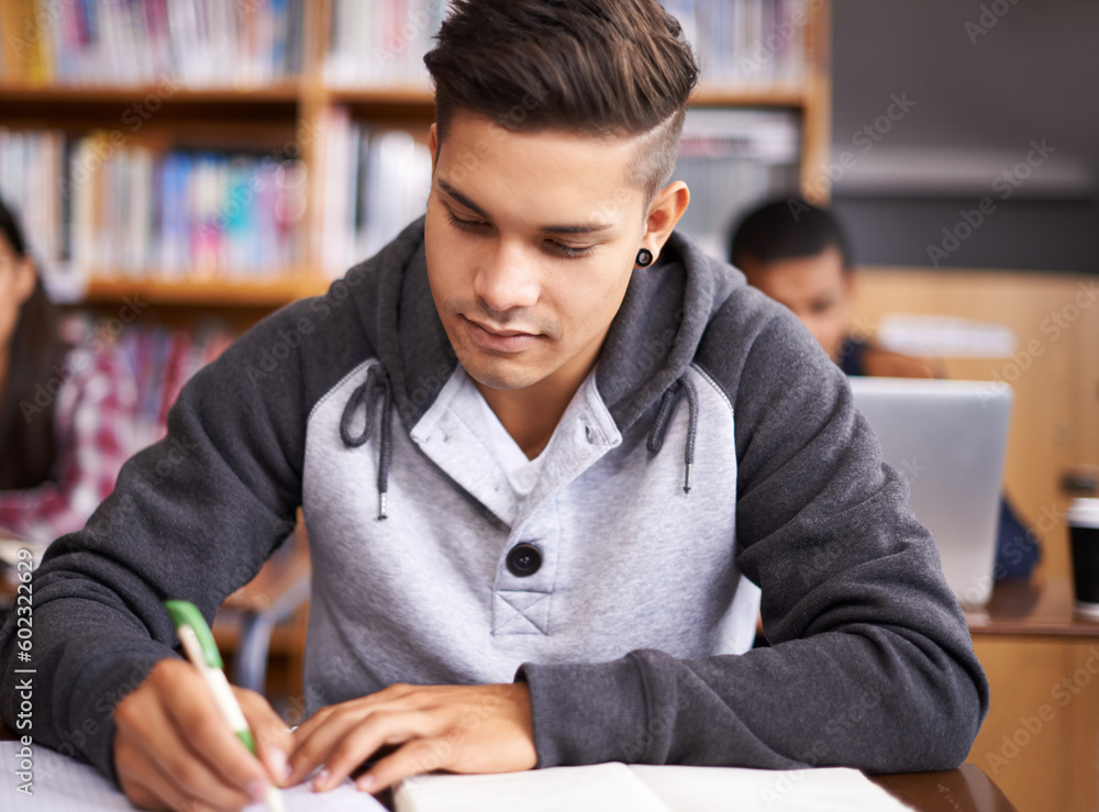 Poster learning, writing and college with man in library for education, research and classroom quiz. focus,
