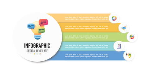 Rectangular and circular paper origami infographic template or element with 5 step, process, option, colorful 3D icons, circle, rectangle, bar, ribbon, light bulb, button for sale slide, flowchart
