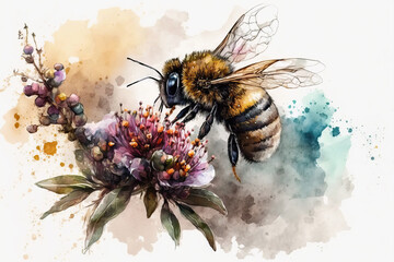bee on flower in aquarelle style, ai generated - obrazy, fototapety, plakaty