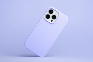 iPhone 14 Pro max starlight in very peri purple soft silicone case falls down back view, phone case mockup in monochrome colours isolated