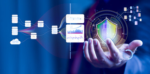 cybersecurity concept, user privacy security and encryption, Internet network security concept with young businessman.