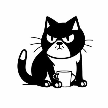 Grumpy cartoon cat in black and white