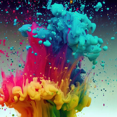 Colorful splash - Multiple colorful water explosion fluid ink particles slow motion in water with Generative AI.