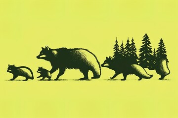 Obraz na płótnie Canvas family of raccoons rummaging through the forest simple minimal tech illustration.