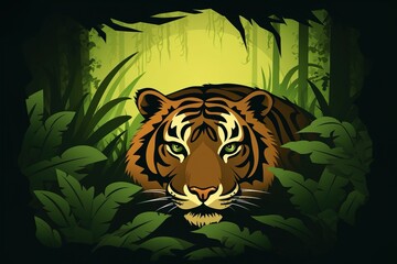tiger stalking its prey through the dense foliage simple minimal tech illustration.