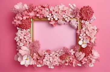 pink flowers as a frame on the pink background, generative ai
