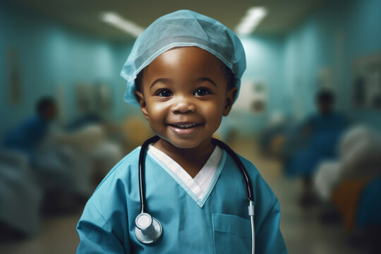 Portrait of a child wearing a doctor uniform with stethoscope in a hospital. Generative ai
