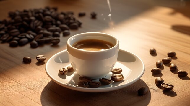 Cup of coffee on white saucer with fresh coffee beans, on a wooden table with soft lightning.