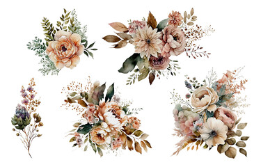 Fall boho blossom floral clipart set of bouquets for wedding. Watercolor autumn bloom flowers arrangements