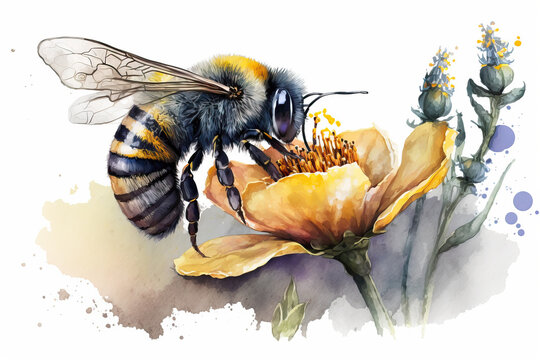 bee on flower in aquarelle style, ai generated