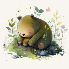 Ai generated cute little bear sleeping and dreaming on a white background