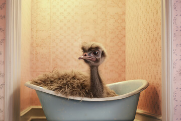 ostrich sitting in bathtub, ai generated