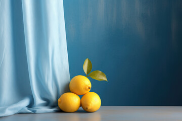 lemons next to blue curtain, ai generated