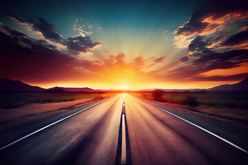 beautiful sun rising sky with asphalt highways road in rural. Generative Ai