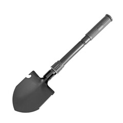 Tourist spade isolated on transparent background. Black engineer shovel on a transparent background, shovel for camping or for a hike 