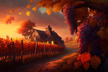 Vineyard at sunset in autumn harvest. Generative Ai