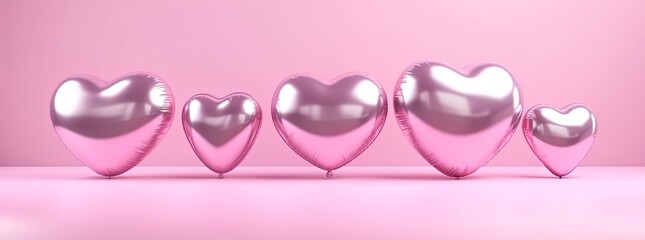Fototapeta premium pink foil heart balloons isolated on pink background with space for copy, generative ai